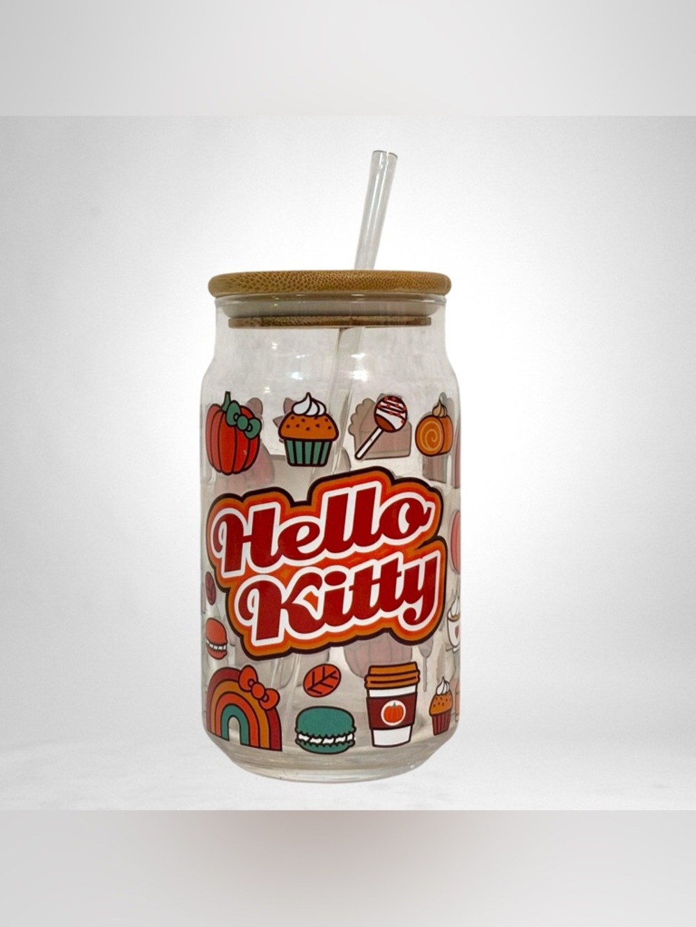 Hello Kitty Fall Halloween 16 Oz Glass Tumbler With Bamboo Lid And Glass Straw